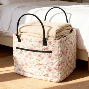 Quilted Polyester Flower Storage Basket Bag, Mothers Day Basket - Pink Rose, Foldable Large Washable Laundry Basket with Handle, Home Organizer Gift for Mom, Mother's Day Gift summervibes,