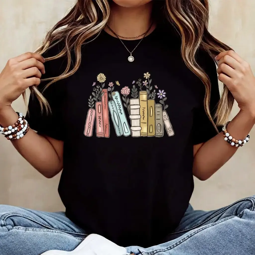Women's Short-Sleeve Oversized Round Neck Pastel Floral Book Stack Print Apparel - Cozy Cottagecore Aesthetic Book Lover Top, BookTok Outfit, Teacher Appreciation Gift