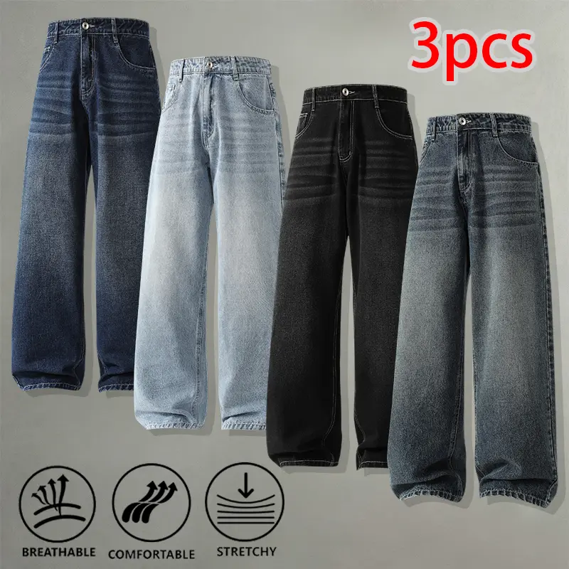 Men's Retro-Tone Drapey Wide-Leg Jeans 3-Pack - Menswear, Cotton Blend Stretch Denim, Casual Plain Retro Blue+Black-Gray+Black Unisex Long Pants