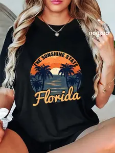 100% Cotton Unisex Florida Sunset - Throwback Design - Classic T-Shirt Casual Top