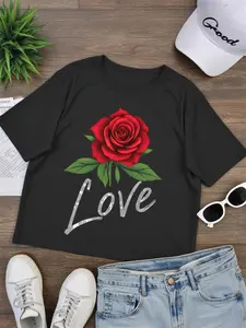 Love Red Rose Graphic Black T-Shirt - Stylish Casual Tee with Elegant Cursive Font, Perfect for Summer Outings - Ideal Gift for Friends and Family Who Appreciate Unique Fashion Statements and Floral Designs, Great for Daily Wear or Special  (3-13Y)