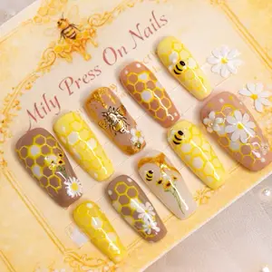 Golden Honey Collection Press On Nails Size S Handmade Luxury Bee Design with Floral Details & Rhinestone Accents for Everyday Wear
