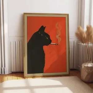Black Cat Smoking a Cigarette Vintage Poster Art Retro Whimsical Print Funny Animal Wall Decor Poster for Bar Cart Quirky Kitchen Wall Art
