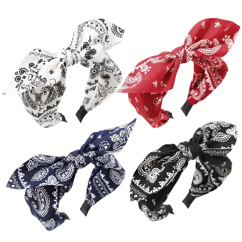 Women's 4PCS Wide-Edge Bow Headband Set - Polyester Multi-Color Cashew Flower Fabric, Boho Chic Aesthetic Daily Fashion Hair Accessories