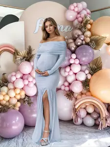 Elegant Maternity Dress, Prenatal Maternity Clothing, High Elastic Comfortable Pregnancy Gown, Long Sleeve Off-Shoulder Mesh Patchwork Split Hem, Spring & Fall Fashion