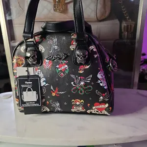 Ed Hardy Tote Bag with Skull and Tattoo Design, Black Color, Handbag for Women, Fashionable and Stylish Accessory