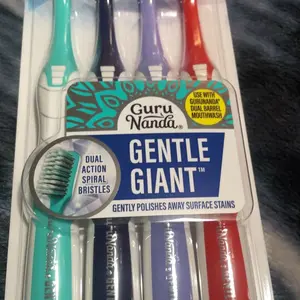 GuruNanda Gentle Giant Toothbrush with Dual Action Flossing Spiral Bristles - Ergo Dexa Grip - Helps in Teeth Whitening, BPA Free, (4 Count)