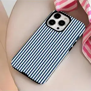 Striped Mobile Phone Case Designed With Navy Blue And White Vertical Lines Suitable For IPhone 16, 15, 14, 13, 12 And 11 Pro Models Made Of TPU Material And Provides Shockproof Protection Perfect For Family Friends Children Birthdays Spring Holidays Boyf
