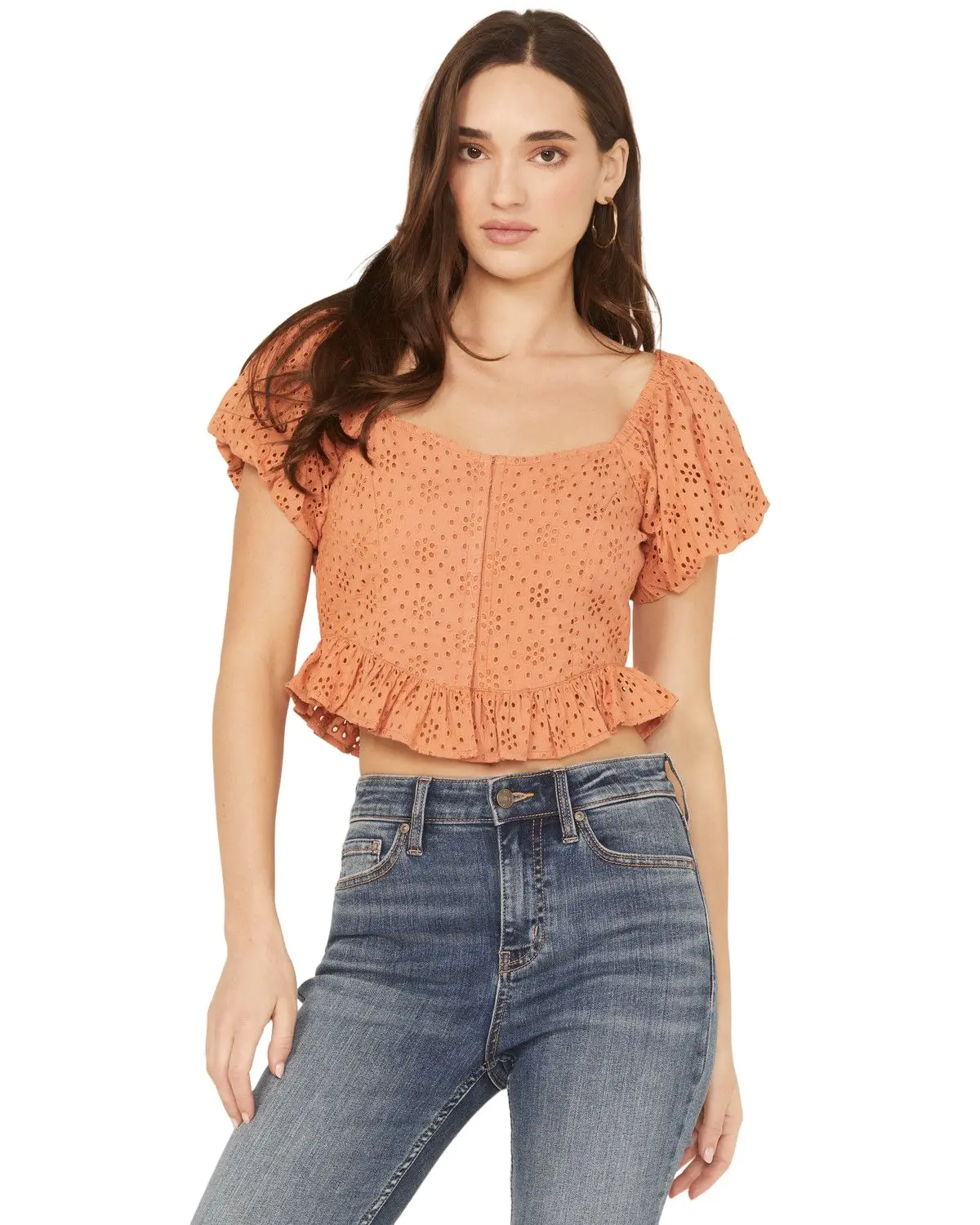 Rock & Roll Denim Women's And Eyelet Puff Sleeve Shirt - Bw51t06295