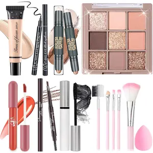 Makeup Set Kit for Women Girls Teens, Makeup Present Set, Includes 9 Color Eyeshadow, Counter Stick, Foundation, Eyebrow Pencil, Eyeliner, Mascara, Lip Gloss, 5Pcs Brushes, Sponge Crease