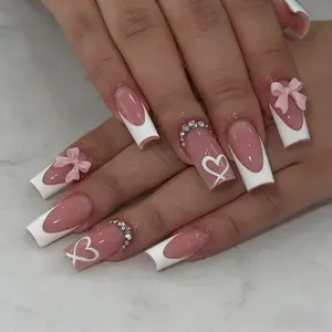 French Tip Press On Nails with Bow Charm Heart Rhinestones Long Square Acrylic Fake Nails for Women Daily Wear Perfect Valentine's Gift