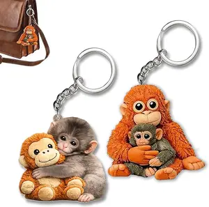 Protect Punch The Monkey Keychain, 2D Cute Monkey Holding Plush Toy Hanging Keychain for Backpack Purse Car Keys Gift