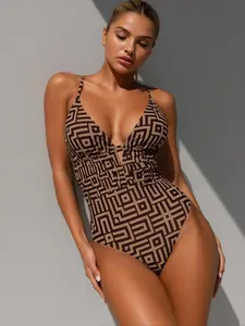 Women's Ruched 1-Piece Swimsuit - Twist Front, Tummy Control, Side Tie, Geometric Print, Sports & Outdoor Beachwear Swimsuits, Ruched Swimsuit