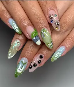Whimsical Totoro Cute Nails | Studio Ghibli-Inspired Nail Art | Soft Green Ombre Nail | Fantasy Forest Nail Set Satamiis