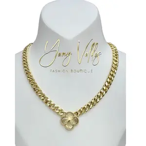 Fashion Boutique Cuban Chain Necklace with Clover - 18 Inches Gold Plated Jewelry