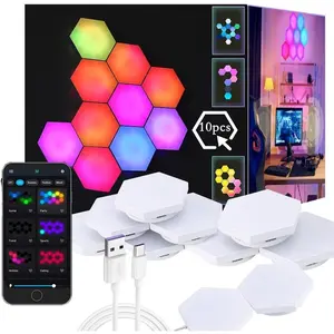 10-Piece Hexagonal Wall Lamp RGB Panel, Cool Modular Gaming Light, Smart APP Home Decor, Music Sync Honeycomb Panel, DIY Hexagon Lamp for Bedroom Living Room