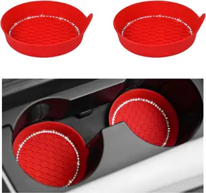 2PCS Car Cup Coaster Universal Vehicle Spill Holder Automotive Interior Accessory With Bling Rhinestone - Red