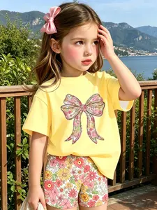 Girls' Summer Two-Piece Set, Bow Print Short Sleeve Top + Floral Shorts, Loose Casual Kids Clothes, Suitable for 3-10 Years Old
