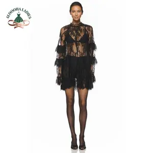Women Lace Dress, No lining,Long Sleeve Crew Neck Sheer Dress Cocktail Dress Fall Mini Dress