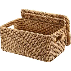 Rectangular Rattan Storage Basket with Lid 12"x7.9"x5.9" Natural Hand-Woven Wicker for Shelf Organizing Picnic Food Bread Table Storage