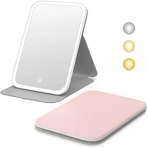 Travel Makeup Mirror, Portable LED Lighted Makeup Mirror, 360° Rotation Touch Screen Vanity Mirror, 60 LEDs, 3-Color Dimmable Lighting, Rechargeable Tabletop Folding Cosmetic Mirror, Pink