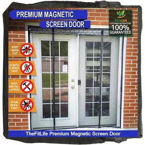 Double Door  Screen - Mesh Curtain with Full Frame Hook & Loop  , Snap Shut Automatically for Patio, Sliding Or Large Door, Black Fits Doors up to 72''x80'' Max