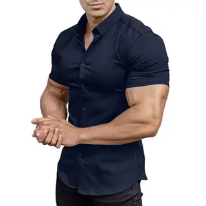 [Muscle-Friendly Summer Shirt] Summer Muscle-Friendly Short Sleeve Shirt - Men's Solid Color Stretch Skinny Fit Polyester Spandex Blend - 125gsm Woven Fabric, Lapel Collar, Single Breasted Button-Up