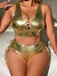 [Plus Size] Glitter Bikini Set, Glossy String Bikini, Sexy Swim Top & Swim Knicker, Women's Swimwear for All Seasons