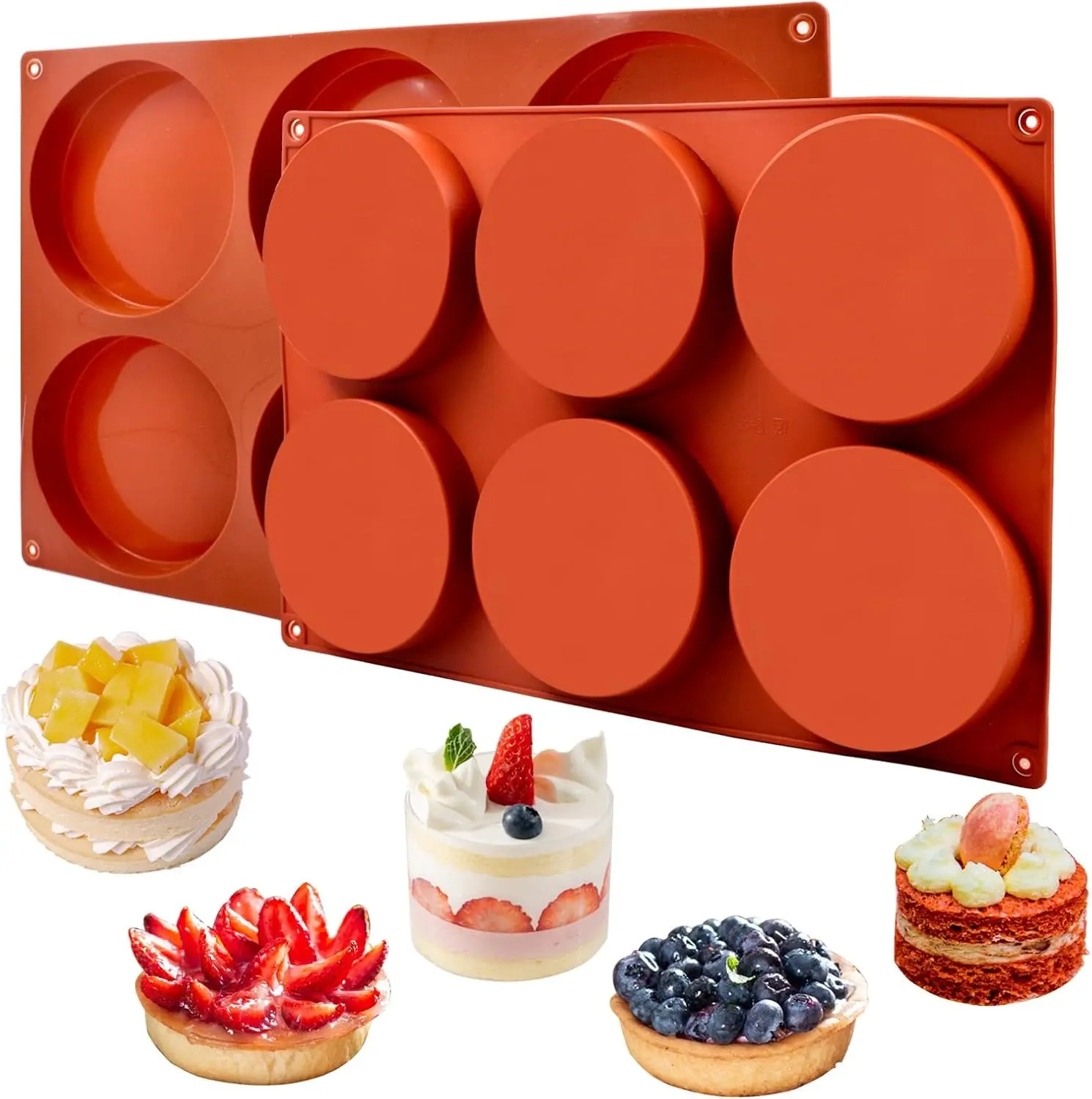 Thick 2-Pack 6-Cavity 4-in Round Silicone Baking Molds, Non-Stick Food-Grade Bakeware, Reusable Pan for Muffin, Corn Bread, DIY Soap Making