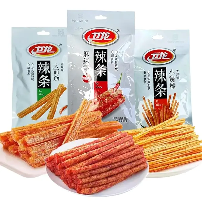 WeiLong Spicy Strips Snack, Latiao Style Vegan Snack, Savory Chewy Spicy Snack, Low Sugar, Low Calorie, Ready to Eat Casual Snack Food