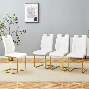 White PU Dining Chairs Set of 4 with Gold Metal Legs Modern Kitchen Office Chairs High Resilience Memory Foam Ergonomic Design Anti-Slip Feet Durable & Easy to Clean