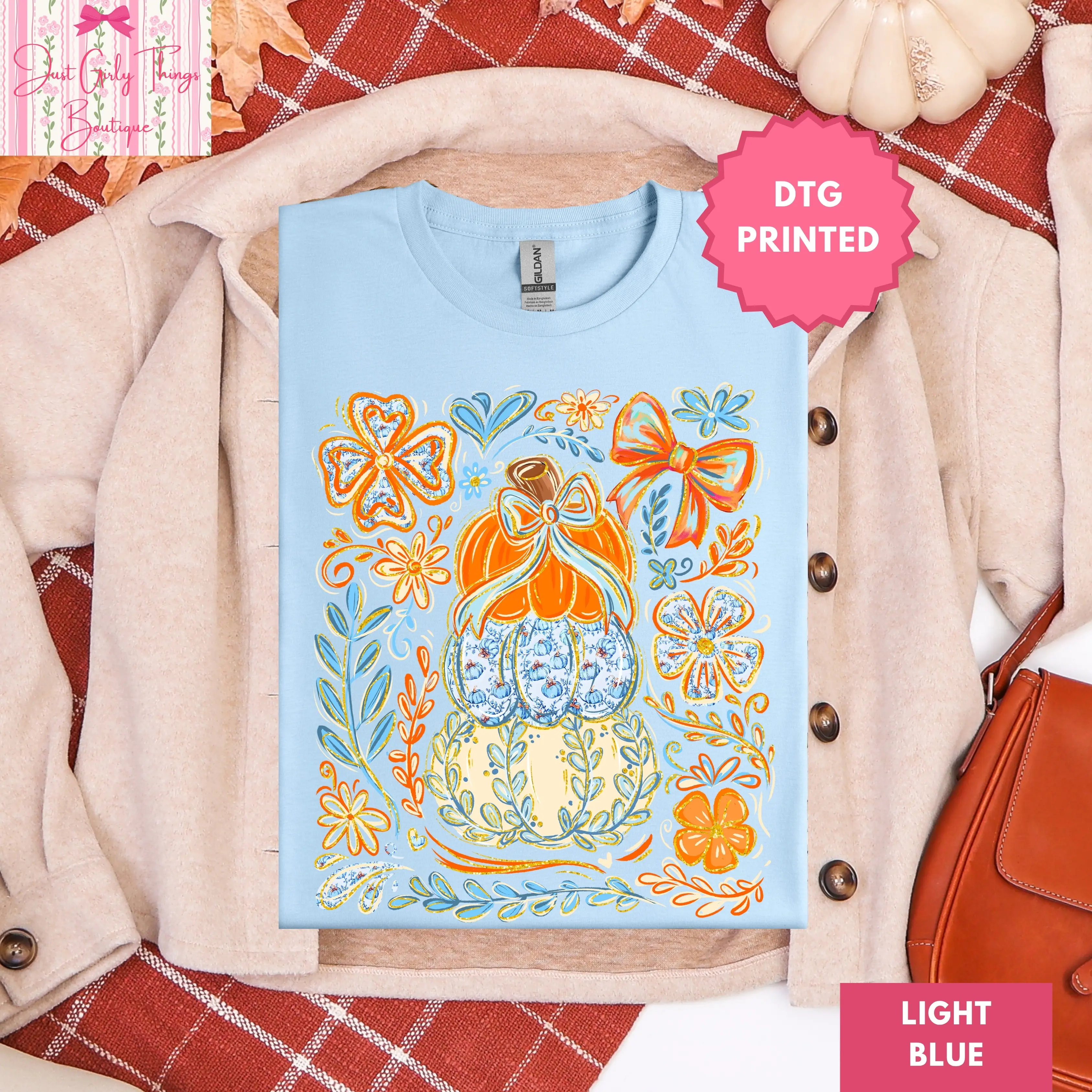 Blue Floral Fall Pumpkin Shirt - Gildan 64000 Softstyle/Gildan 5000 Heavy Cotton Tee -  Boho Floral Fall Shirt, Grandmillennial Fall Shirt, Blue Toile Fall Shirt, Preppy Fall Shirt, Coquette Fall Shirt, Pumpkin Season Shirt,  Pumpkin Patch Shirt