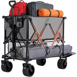 Wagon Cart Collapsible Double Decker 440 lbs Heavy Duty Wagon with All-Terrain Wheels & Adjustable Handle, Portable 400L Storage Utility Cart for Garden, Camping, Sports, Shopping (Grey)