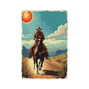 8x12 Inch Aluminum Metal Sign - Retro Western Cowboy Landscape, Rustic Farmhouse Wall Decor, Vintage Cowboy & Horse Tin Plaque