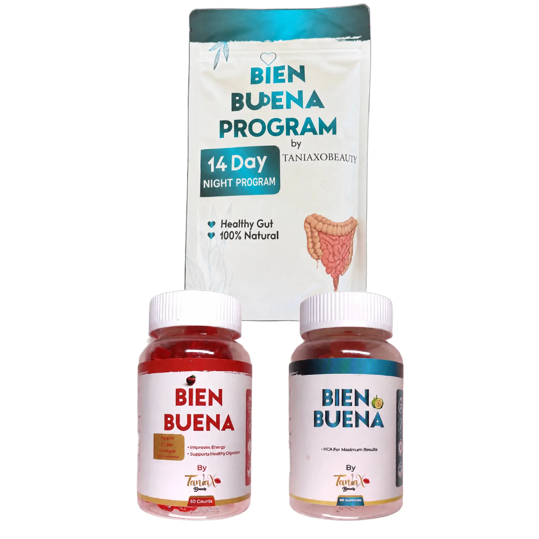 TANIAXO BEAUTY BIEN BUENA FULL KIT APPLE CIDER GUMMIES, HEALTHY GUT GUMMIES, AND 14 DAY PROGRAM TEA