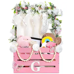 Wooden Baby Shower Crate Closet Baby Basket with Handle Box with Eucalyptus Bead Artificial Flowers Large Letter for Pregnancy New Parent Gift(Pink)