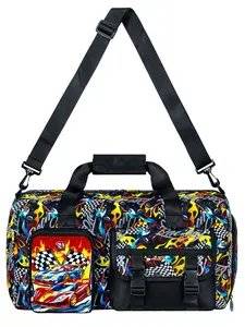 Racing Car Duffle Bag for Boys, Large Sports Travel Bag with Checkered Flag Design, Preppy Style, All Seasons Use