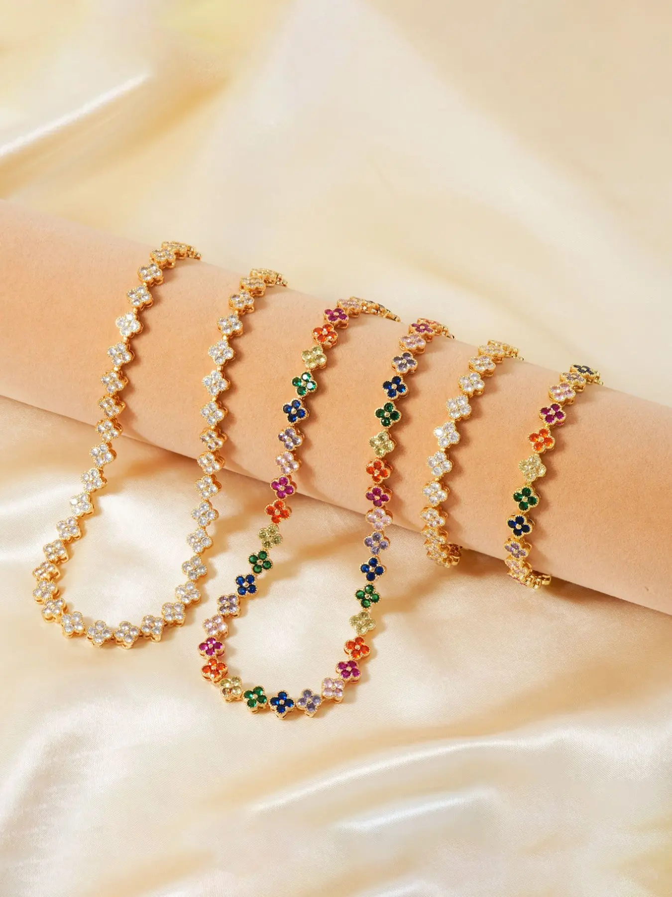 Luxury Colorful Zircon Four Leaf Clover Fashionable Jewelry Set Jewellery Gift Set, Gold Plated Bracelet Necklace Stackable Elegant Women Accessories