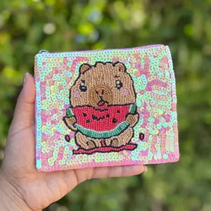 Capybara Watermelon Beaded Pouch – Pink Sequin Cute Animal Zipper Bag
