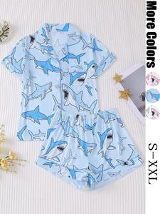 women's all over animal print crop shirt & elastic waist shorts pyjama two-piece set, casual comfy short sleeve top & shorts pj set, ladies sleepwear for all seasons, loungewear, pajama set