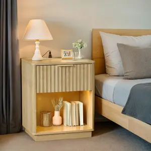 Karlhome Gray & Oak P2 MDF Nightstand, 1 Drawer with Lower Shelf, RGB 16 Colors LED, US Outlet with 2 USB Ports outdoorfun
