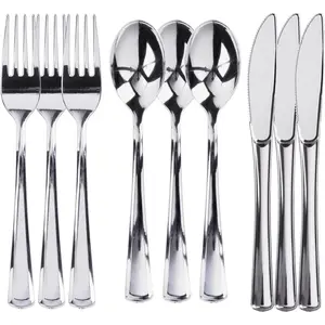 300 count Heavy Duty Plastic Silverware Set - 100 of Each  Plasticware Forks, Spoons,  - Flatware Cutlery for Weddings - Durable Disposable Plastic Utensils for Catering, Buffets