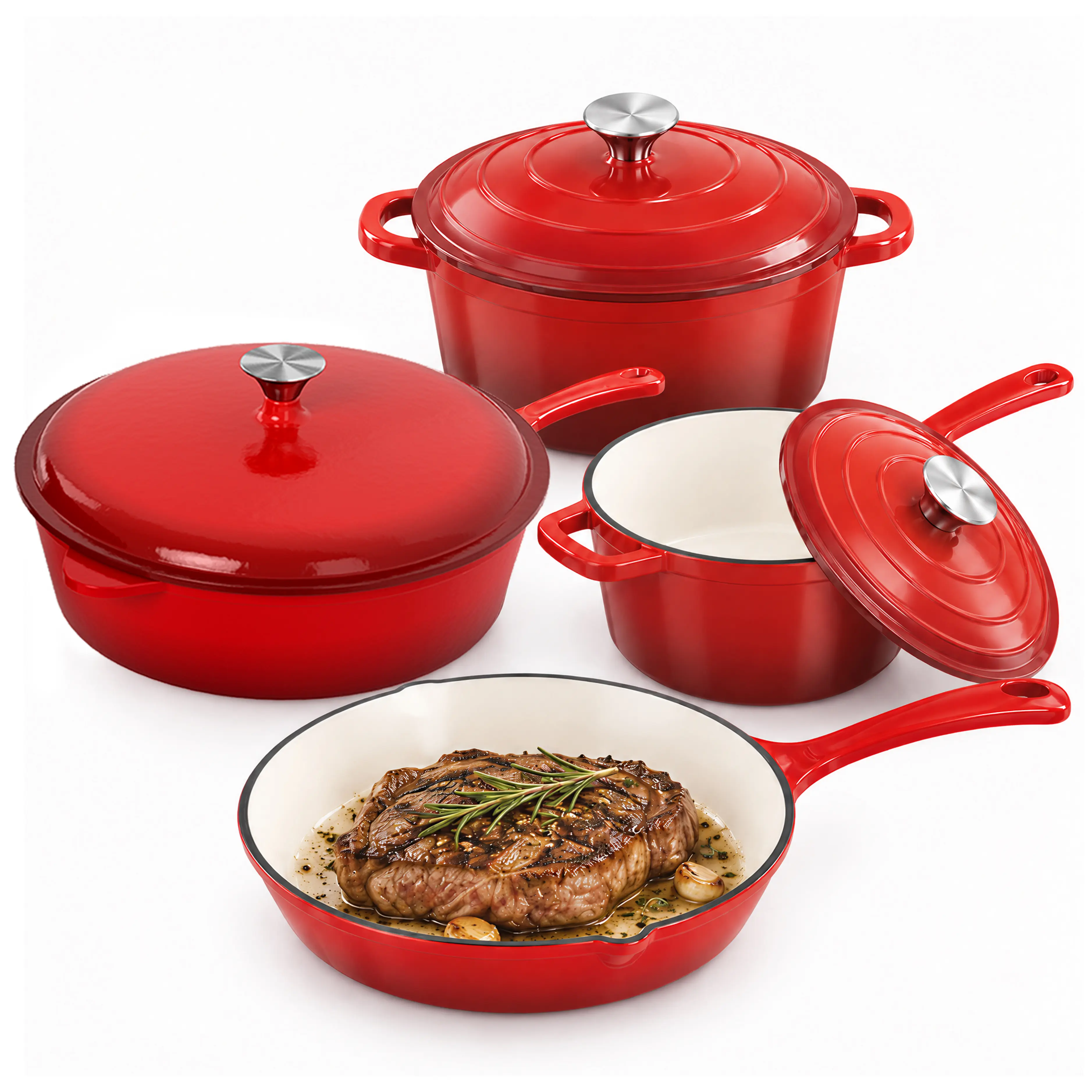 Kitchen Academy Enamel Cast Iron 7 Piece Cookware Set, Dutch Oven Pot with Lid, Red Non Stick Pots and Pans set, Oven Safe up to 500°F