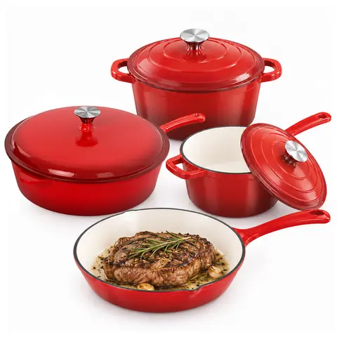 Kitchen Academy Enamel Cast Iron 7 Piece Cookware Set, Dutch Oven Pot with Lid, Red Non Stick Pots and Pans set, Oven Safe up to 500°F