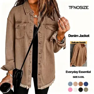 TFNOSIZE Women's Fitted Ripped Fringe Denim Jacket - Long-Sleeve Outerwear with Roll-Up Cuffs, Pockets, Soft Minimalist Chic Basic Design, S-XXL Casual Coat for Everyday Summer Wear outdoorfun