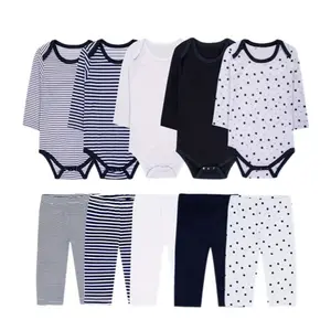 JY.COZY FOR BABY 10-Piece Baby Boy Clothes Set Navy Blue Pure Cotton 5 Long-Sleeve Rompers 5 Pants Soft Breathable Comfortable for Newborns Solid Color Bodysuit Seamless Crewneck Bodysuits