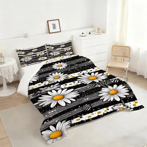 2/3Pcs Black and White Striped Comforter Set with Playful Yellow Polka Dots, Floral Design Bedding Set Featuring Daisies, Perfect Quilted Quilt for a Stylish and Cheerful Bedroom Decor, 1 or 2 Pillowcase No Pillow Core