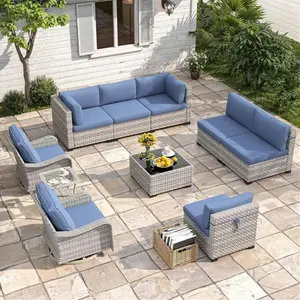 【3 packages delivery】9-Seat Modern Patio Furniture Set with Swivel Rocking Chairs, Thick 4″ Cushions, Dual-Strand Wicker Rattan, Rust-Resistant Steel Frame – Outdoor Conversation & Modular Sectional,Navy