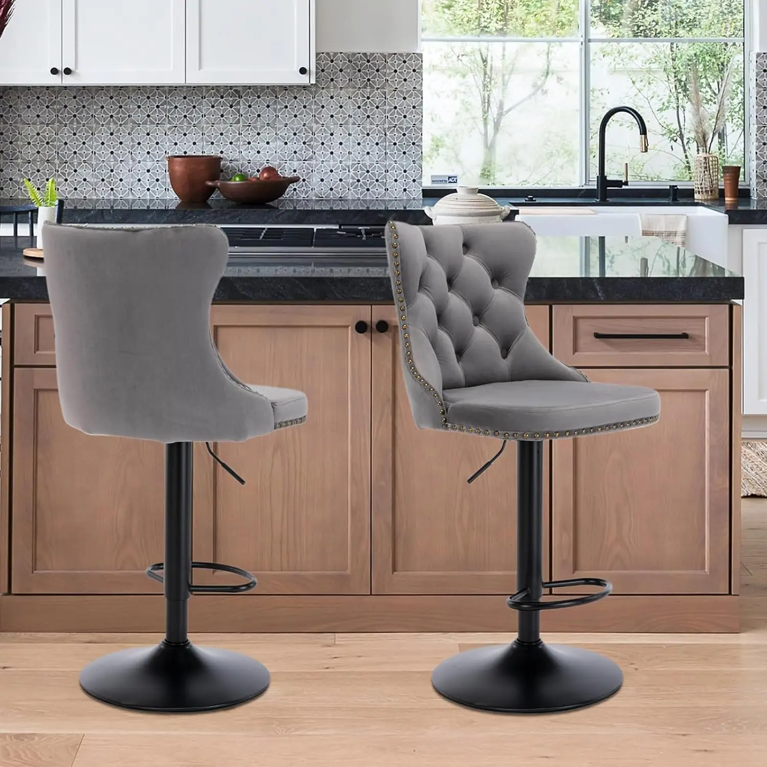 Velvet Bar Stool Set of 2, Adjustable Swivel Bar Stools with Black Metal Leg, Button Tufted, Footrest, Chrome Nailhead, Counter Height Chair for Kitchen, Bar, Dining Room