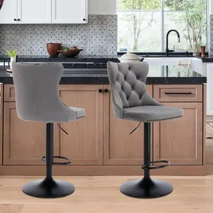 Velvet Bar Stool Set of 2, Adjustable Swivel Bar Stools with Black Metal Leg, Button Tufted, Footrest, Chrome Nailhead, Counter Height Chair for Kitchen, Bar, Dining Room